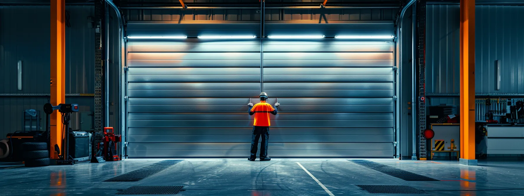 a mechanic inspecting a sleek, modern garage door with precision tools.