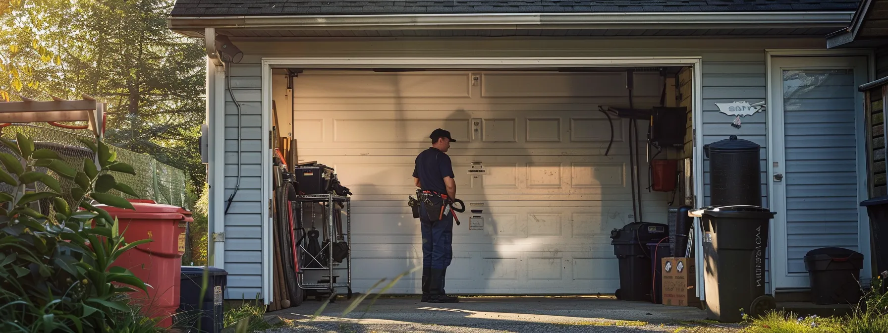 a mechanic swiftly repairs a broken garage door in a suburban driveway under the bright midday sun.