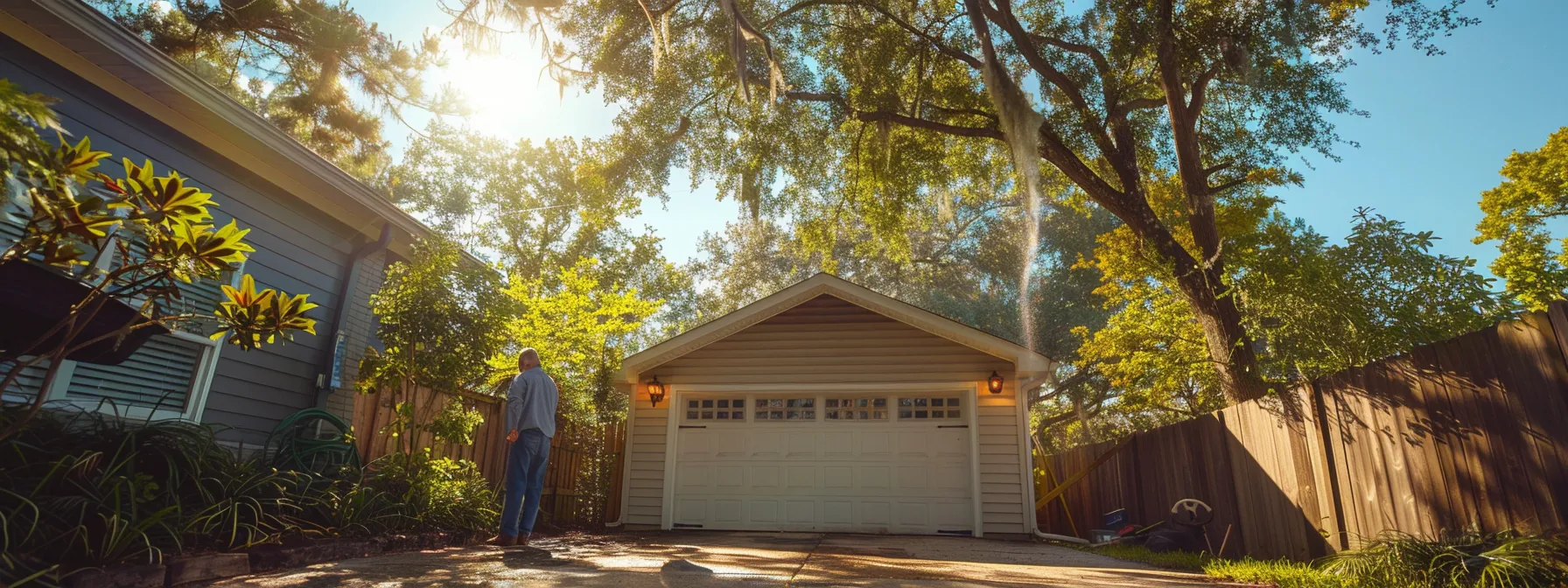 a homeowner in woodlands enthusiastically oiling the rusty garage door springs on a sunny afternoon.