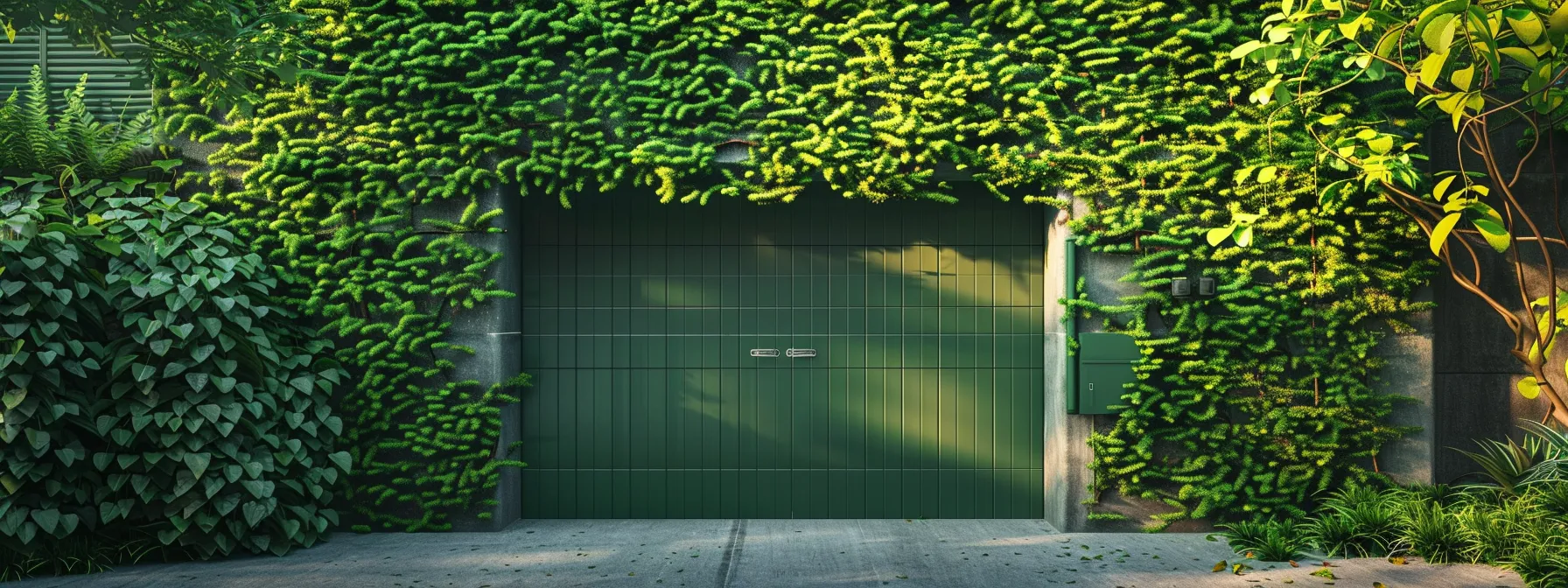 a modern, energy-efficient garage door covered in lush green vines, blending seamlessly with the surrounding nature.