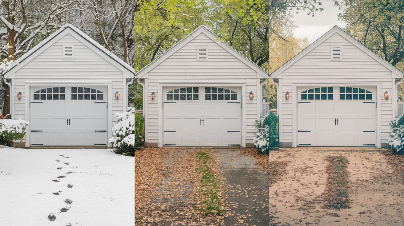 Garage door exposed to both extreme heat and freezing temperatures, representing seasonal weather impact.