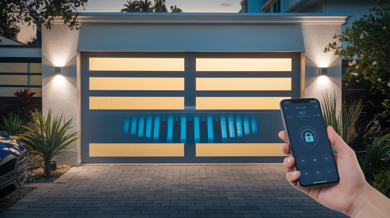 Smart garage door operated through a mobile app with security and automation features using smart garage door technology.