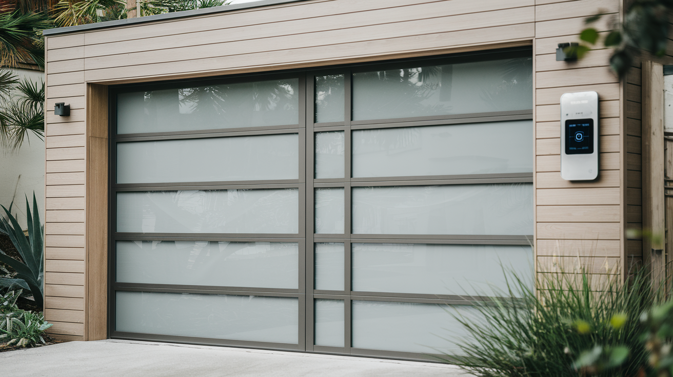 Modern garage door with smart technology, eco-friendly materials, and sleek minimalist design.