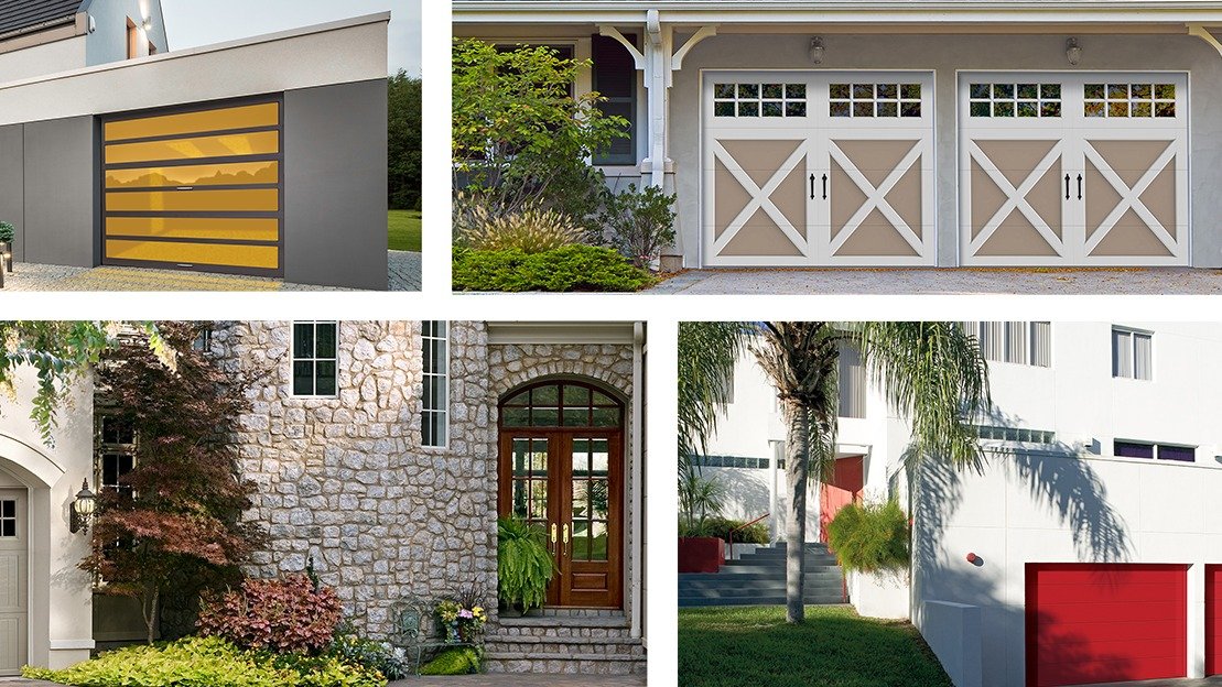 Stylish customizing garage door with modern hardware and decorative windows.