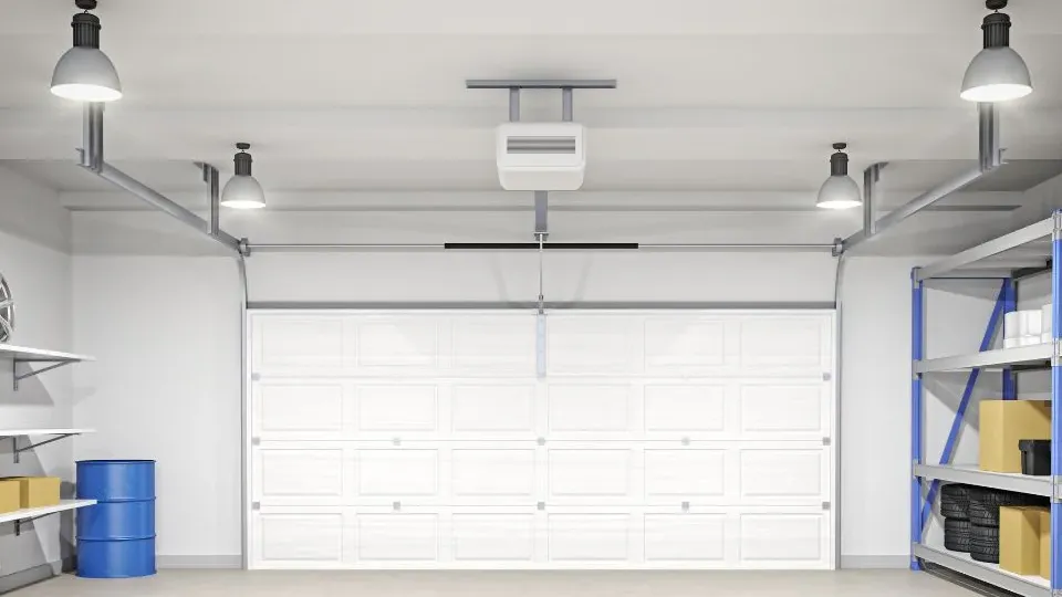 A secure, child-friendly garage with locked cabinets, well-organized tools, and a smart garage door system.