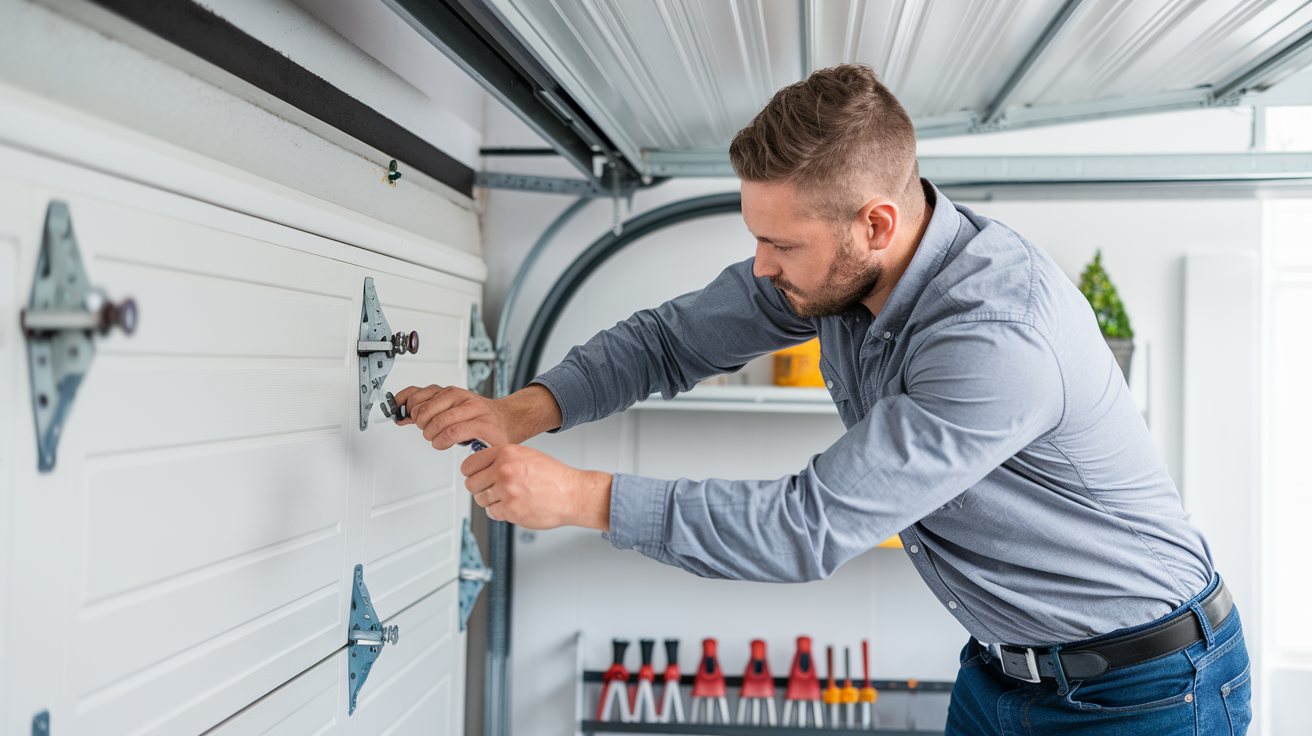 Homeowner troubleshooting a stuck garage door by inspecting the sensors and tracks.