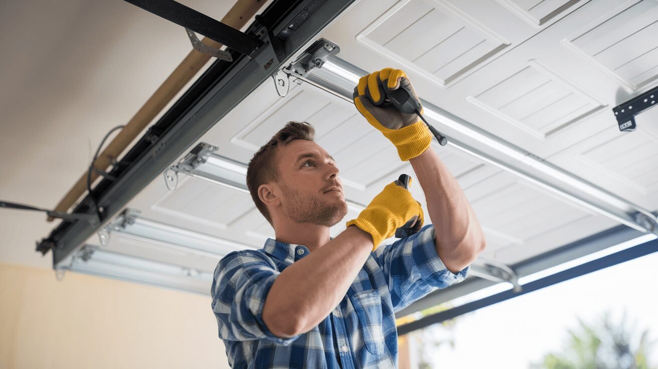 Homeowner performing garage door maintenance by tightening bolts and lubricating hinges.