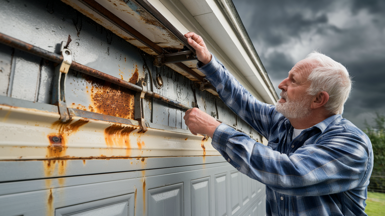 Homeowner checking a weather-damaged garage door with rust and moisture buildup.