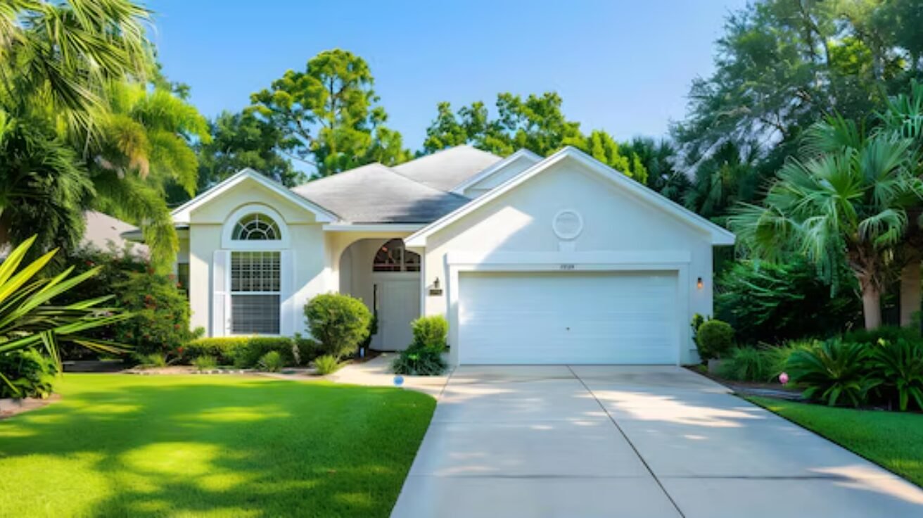 Modern garage door in The Woodlands, Texas, designed for hot and humid weather, showcasing steel and aluminum material with a sleek, durable finish.