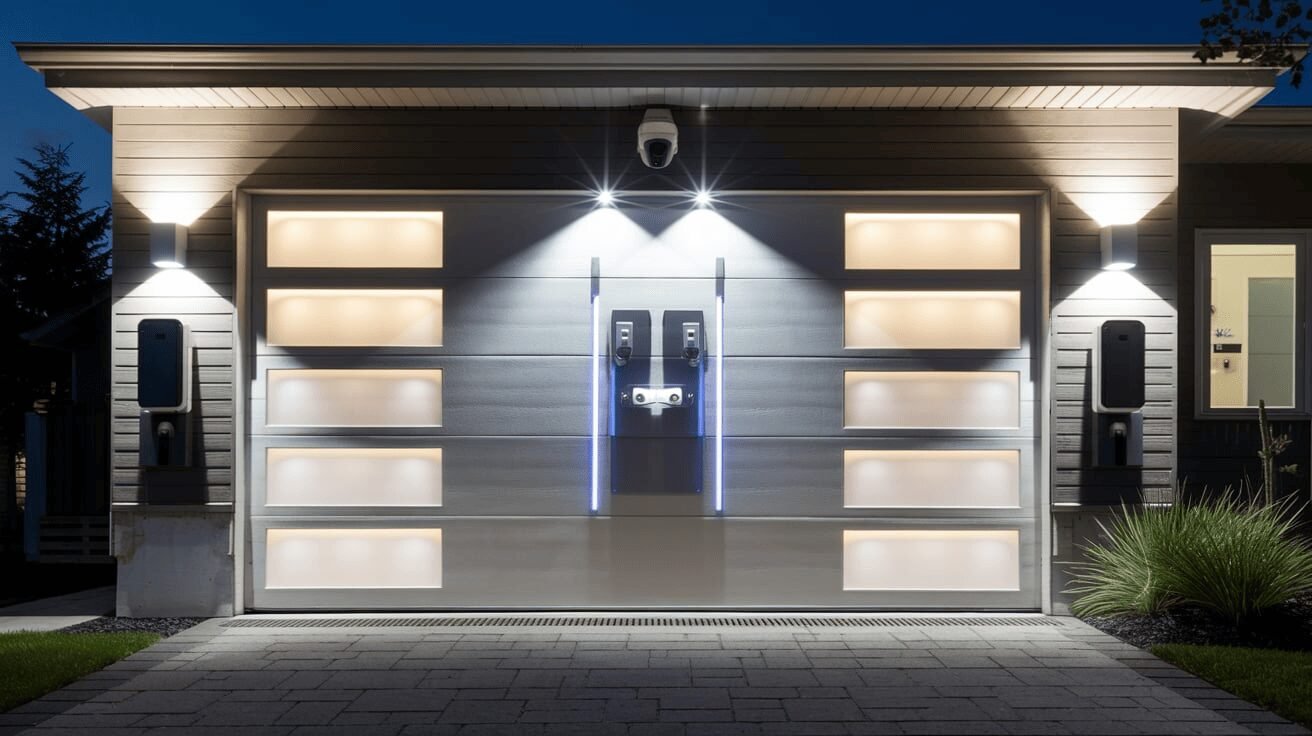 Smart garage door with security cameras and motion-activated lights enhancing Home Security with Advanced Garage Door Features.