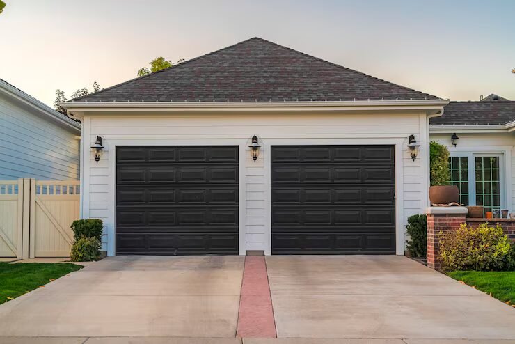 A modern residential home with two black garage doors, representing professional garage door services in League City, TX.