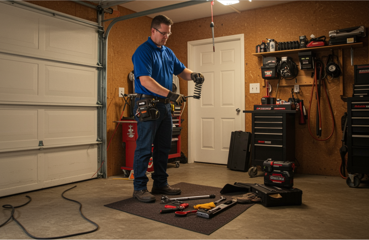 Certified garage door repairman adjusting torsion springs in The Woodlands, Texas