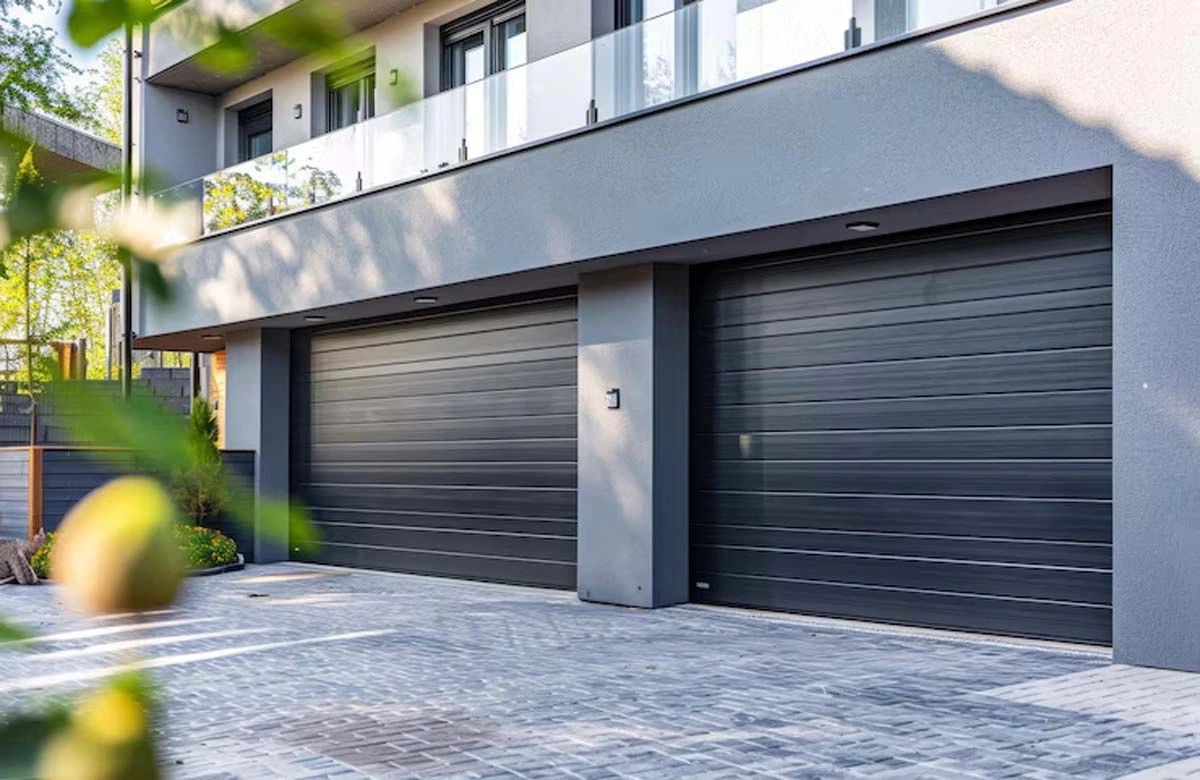 A stylish modern home with sleek garage doors. Our garage door services offer everything from installation to maintenance, keeping your home’s garage door in perfect condition.