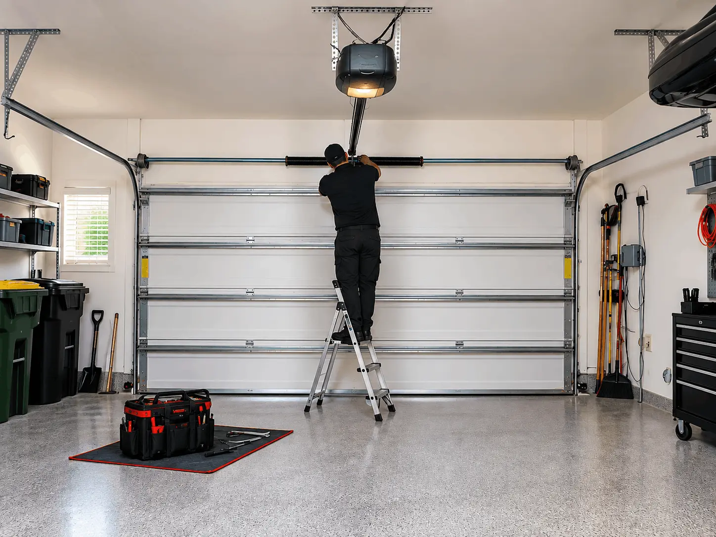 Technician repairing a garage door spring in The Woodlands, TX